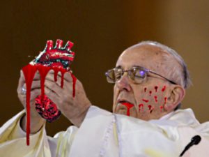 De paus neemt een symbolische hap uit het maagdenhart.